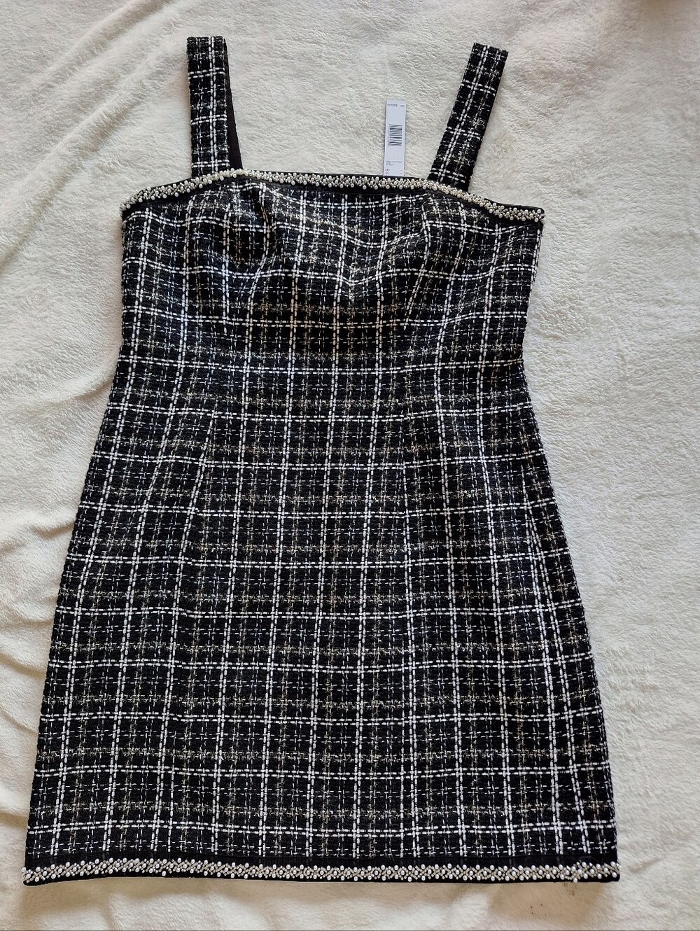 Elie Tahari Juneau Multi Tweed Pearl Trim Mini Dress NWT Black White Plaid Sz L